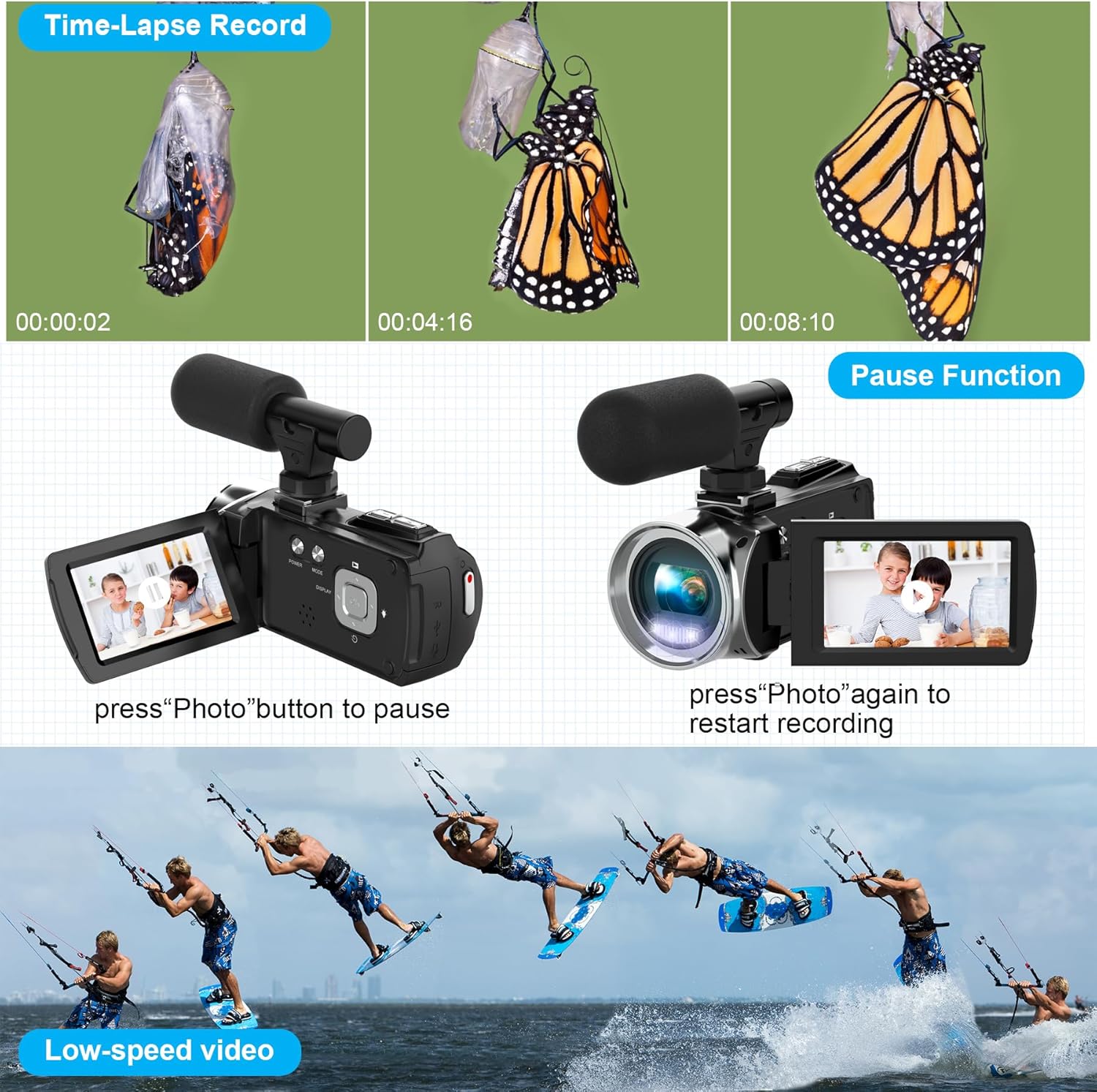 Video Camera Camcorder HD 4K 48MP Video Recorder Camera Vlogging Camera for YouTube Camcorders Video Camera for Kids with 3.0" LCD Screen,18X Digital Zoom and 32G SD Card - Image 8